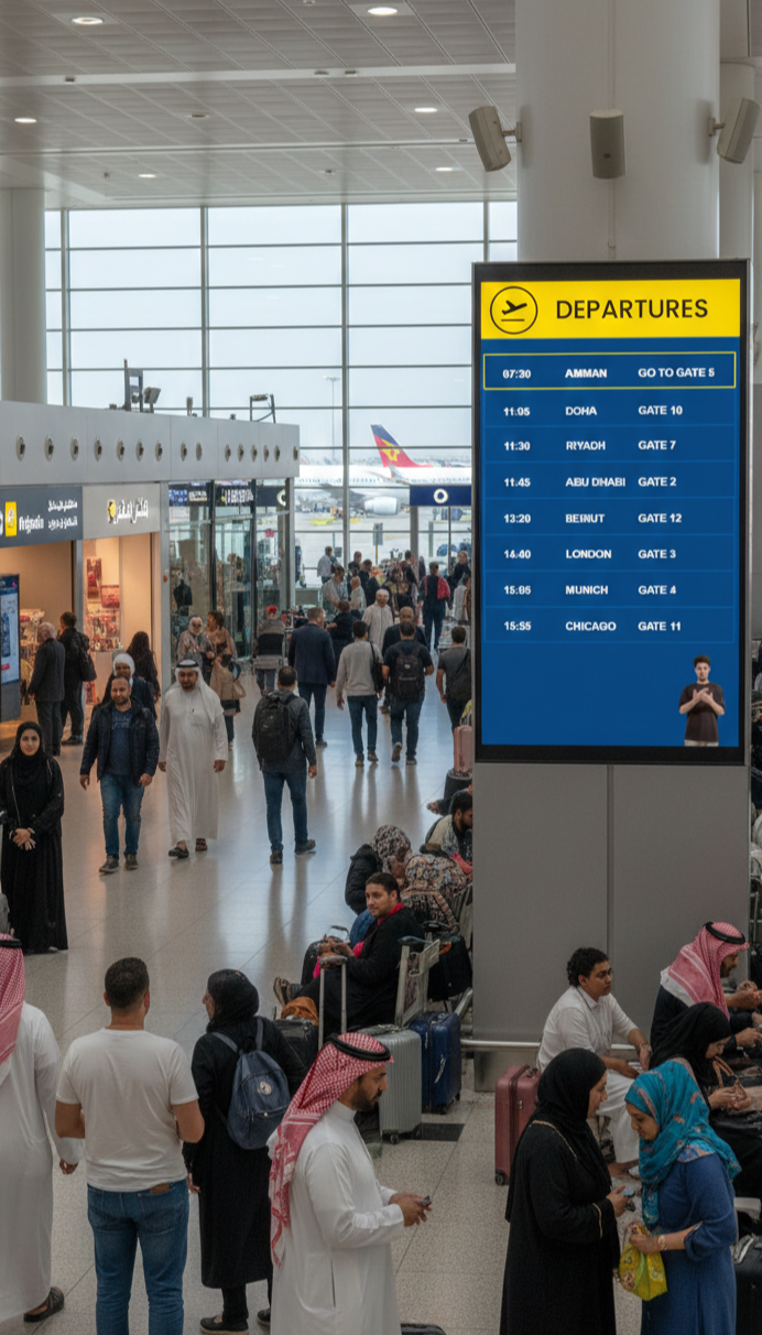 Asher shown on an airport departures board
