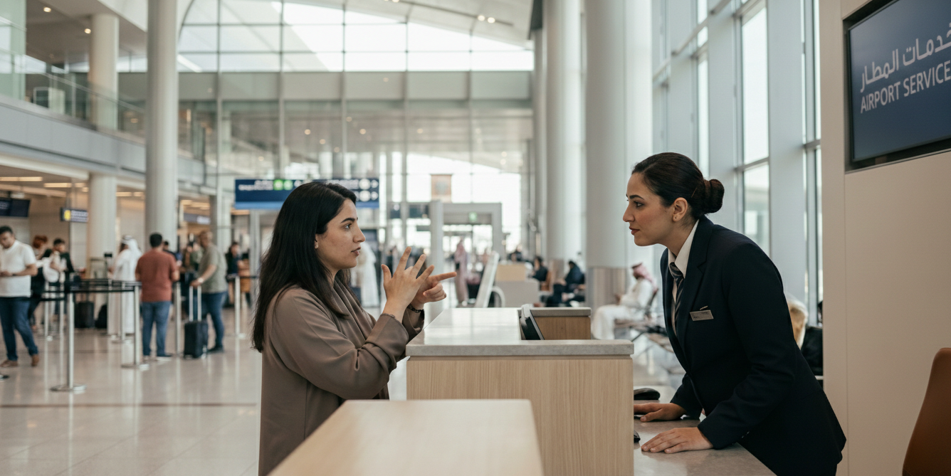 Deaf traveler signing at an airport service desk